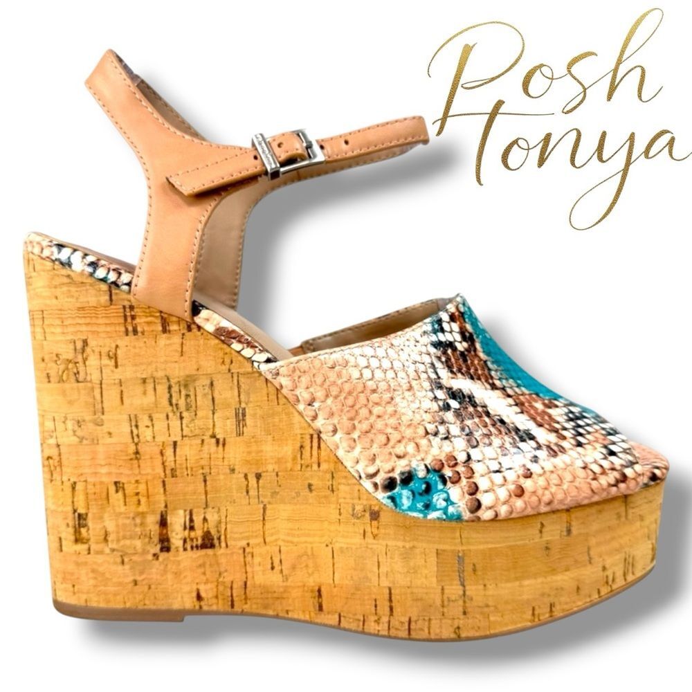 Charles David Dory Snakeskin Cork Wedge Sandals Python Womens Size 8 Euro Summer